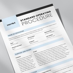 May include: A standard operating procedure document with a blue and white color scheme. The document includes a title, date, revision number, SOP number, approved by, last update, name of procedure, purpose, and scope. The text on the document is black.