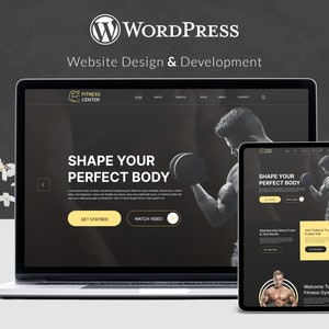 Op de afbeelding: Een website ontwerp- en ontwikkelingsbedrijf dat gespecialiseerd is in fitnesscentrum websites. De website toont een zwart-wit afbeelding van een man die gewichten heft met de tekst "Shape Your Perfect Body" en een call-to-action knop "Get Started".