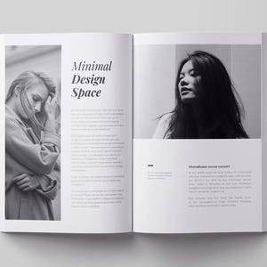 May include: A black and white magazine spread with the title "Minimal Design Space" and text about design. The left page features a black and white photo of a woman in a coat. The right page features a black and white photo of a woman with long hair.