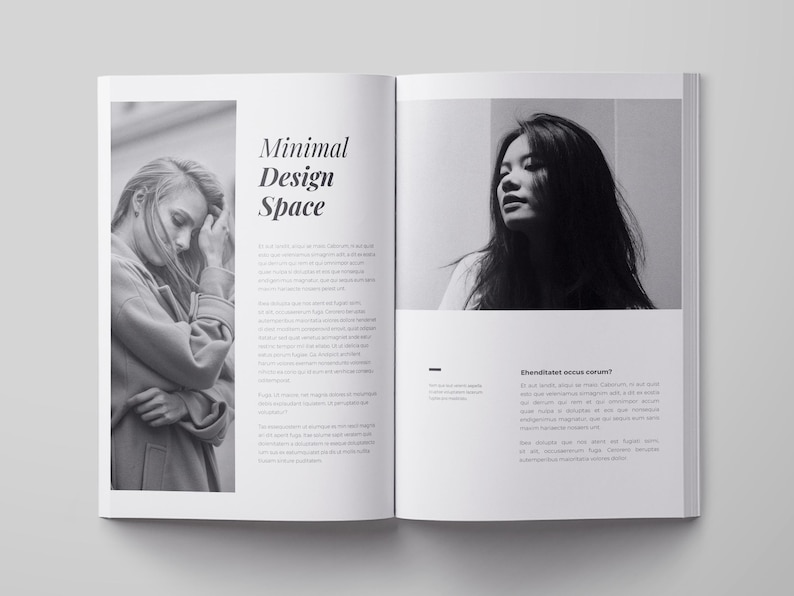 May include: A black and white magazine spread with the title "Minimal Design Space" and text about design. The left page features a black and white photo of a woman in a coat. The right page features a black and white photo of a woman with long hair.