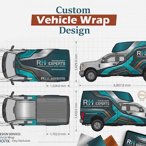 May include: A custom vehicle wrap design is shown, featuring a truck with a teal, grey, and orange graphic. The design includes the text "R. EXPERTS" and measurements in millimetres. The image also features the Etsy logo and the text "Custom Vehicle Wrap Design."