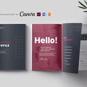 Puede incluir: Folleto de perfil de empresa con una portada gris oscuro y un interior rojo y blanco. La portada dice "Company Profile" en texto blanco. El interior presenta la palabra "Hello!" en letras blancas grandes y el texto "We are unibrand a soho based californian creative agency."