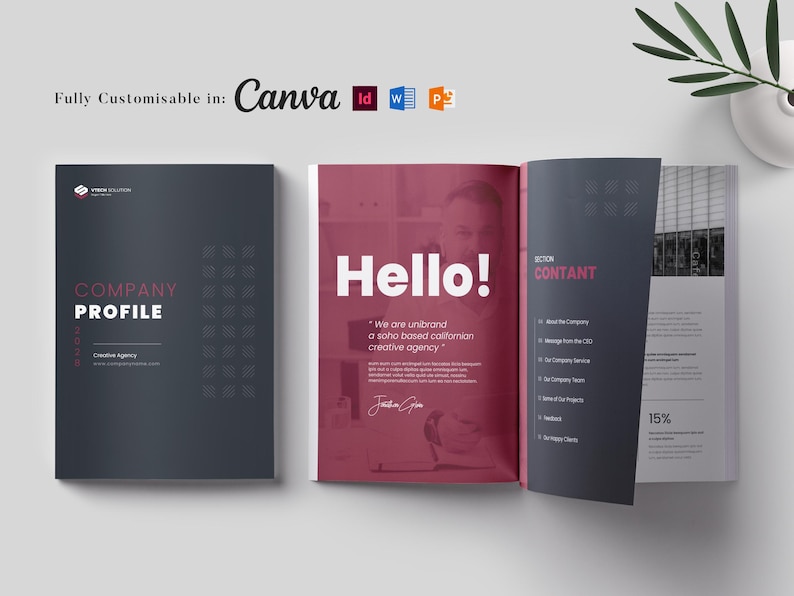 Puede incluir: Folleto de perfil de empresa con una portada gris oscuro y un interior rojo y blanco. La portada dice "Company Profile" en texto blanco. El interior presenta la palabra "Hello!" en letras blancas grandes y el texto "We are unibrand a soho based californian creative agency."