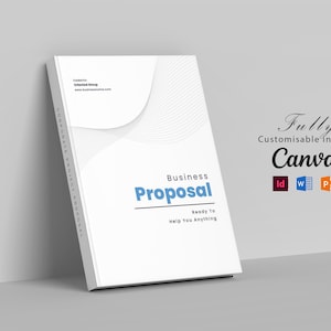 Op de afbeelding: Een wit documentomslag voor een zakelijk voorstel met de tekst Business Proposal in het blauw, dunne grijze gebogen lijnen en tekst die aangeeft dat het volledig aanpasbaar is in Canva, InDesign, Microsoft Word en PowerPoint.