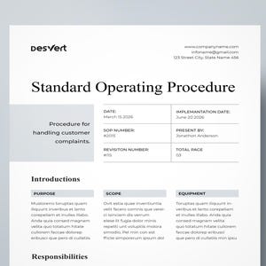 Op de afbeelding: Een zwart-wit document met de titel "Standard Operating Procedure" en de tekst "Procedure voor het afhandelen van klachten van klanten." Het document bevat secties voor "Doel", "Toepassingsgebied" en "Uitrusting".
