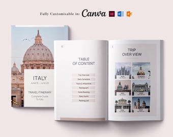 May include: A travel itinerary template for a trip to Italy. The cover features a photo of the dome of St. Peter's Basilica in Rome. The inside pages include a table of contents and a trip overview with photos of Milan, Florence, and Rome.
