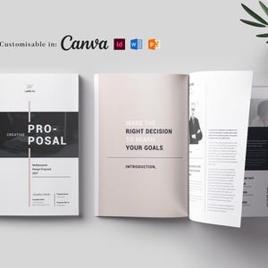 May include: A black and white image of a business proposal template with the text "CREATIVE PROPOSAL" on the cover. The template is fully customizable in Canva, InDesign, Word, and Photoshop.