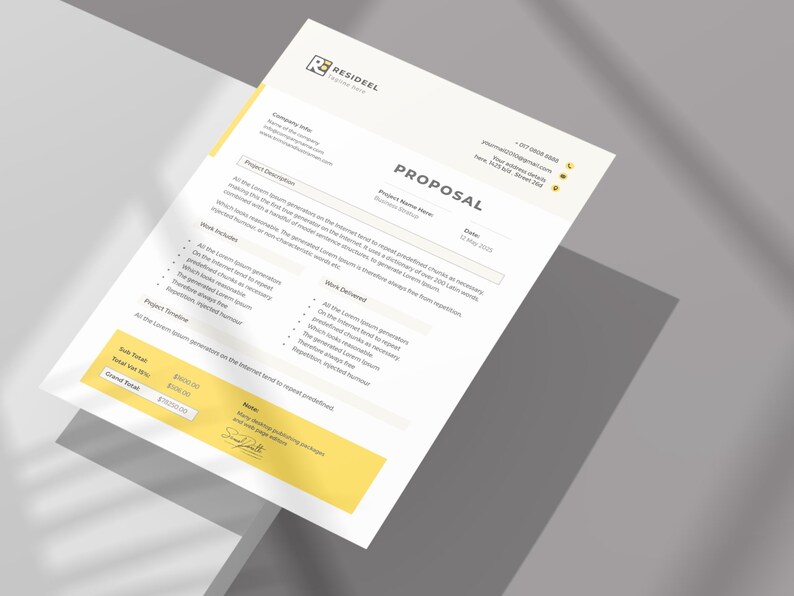 May include: A white and yellow proposal document with the word "PROPOSAL" in large text. The document includes company information, project details, and a signature. The document is angled, with shadows.