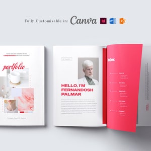 Könnte beinhalten: Ein weißer Portfolio-Umschlag mit dem Wort "Portfolio" in roter Kursivschrift. Der Umschlag zeigt auch eine Collage von Bildern, darunter eine weiße Tasse, eine Lampe und eine rosa Marmorstruktur. Die Innenseiten des Portfolios sind geöffnet und zeigen ein Foto eines Mannes mit weißem Haar und einem roten Hintergrund mit dem Text "HELLO, I'M FERNANDOSH PALMAR" sowie eine Indexseite mit dem Wort "Index" in roter Schrift.