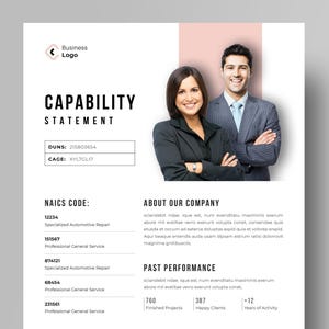 Peut inclure: Une déclaration de capacité d'entreprise blanche et rose avec une photo de deux personnes en tenue professionnelle. Le texte comprend les numéros DUNS et CAGE de l'entreprise, les codes NAICS et une description des services et des performances passées de l'entreprise.