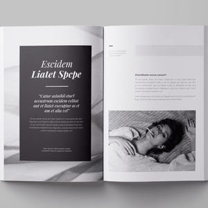 May include: Black and white photo of a woman lying on a bed, with text that reads "Escidem Liatet Spcpe" and "Catur asinihil etur? accustrum escidem velitat aut et liatet esecuptur as et am et alia vel"