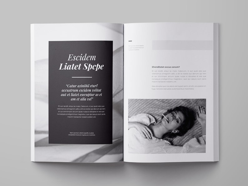 May include: Black and white photo of a woman lying on a bed, with text that reads "Escidem Liatet Spcpe" and "Catur asinihil etur? accustrum escidem velitat aut et liatet esecuptur as et am et alia vel"