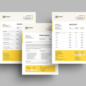 May include: Three business documents: an invoice, a proposal, and a receipt. Each document features a yellow and white color scheme with the "RESIDEEL" logo. The invoice and receipt include itemized lists. The proposal contains project details.