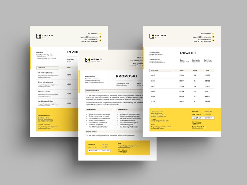 May include: Three business documents: an invoice, a proposal, and a receipt. Each document features a yellow and white color scheme with the "RESIDEEL" logo. The invoice and receipt include itemized lists. The proposal contains project details.