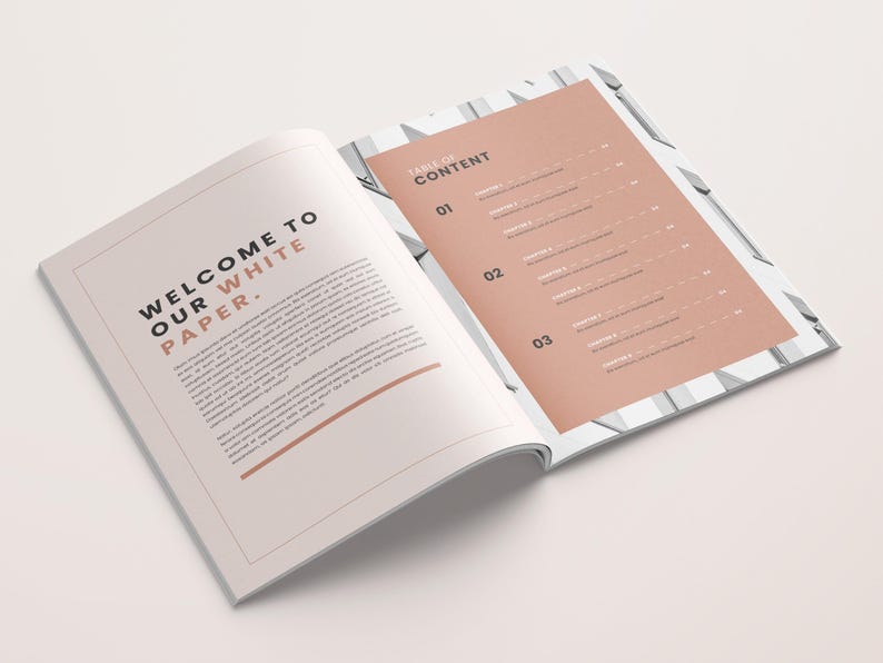May include: An open white paper booklet with a peach-colored page showing a table of contents with the heading "Table of Content". The left page has the text "Welcome to our white paper."