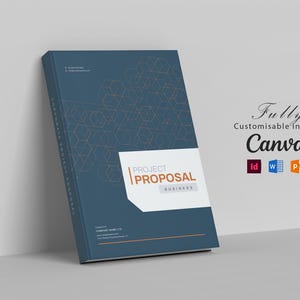 May include: A blue project proposal document cover featuring a geometric hexagon pattern in thin lines. The white central rectangular label displays the text PROJECT PROPOSAL BUSINESS in orange and grey. The spine reads CORPORATE PROJECT PROPOSAL.