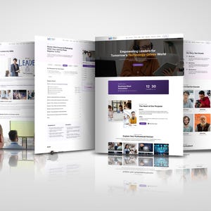 K&ouml;nnte beinhalten: Website-Screenshot, das eine Einladung zu einem Gesch&auml;ftstreffen mit dem Text "Business Meet Invitation" und "12:30" in einem violetten Kasten zeigt. Die Website enth&auml;lt auch einen Abschnitt mit dem Titel "The Heart of Our Purpose" und einen Abschnitt mit dem Titel "Explore Your Professional Horizons" mit Bildern von Personen in einem gesch&auml;ftlichen Umfeld.