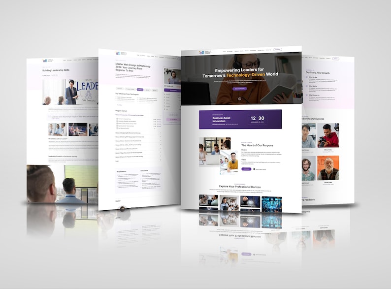 K&ouml;nnte beinhalten: Website-Screenshot, das eine Einladung zu einem Gesch&auml;ftstreffen mit dem Text "Business Meet Invitation" und "12:30" in einem violetten Kasten zeigt. Die Website enth&auml;lt auch einen Abschnitt mit dem Titel "The Heart of Our Purpose" und einen Abschnitt mit dem Titel "Explore Your Professional Horizons" mit Bildern von Personen in einem gesch&auml;ftlichen Umfeld.