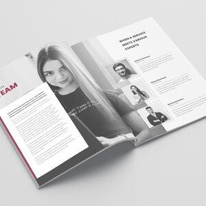 Puede incluir: Una revista abierta con una foto en blanco y negro de una mujer. La p&aacute;gina izquierda tiene el texto "VTECH TEAM" en rojo y un bloque de texto. La p&aacute;gina derecha tiene el texto "WHEN A SERVICE MEETS VARIOUS EXPERTS" y tres retratos.