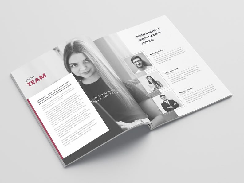 Puede incluir: Una revista abierta con una foto en blanco y negro de una mujer. La p&aacute;gina izquierda tiene el texto "VTECH TEAM" en rojo y un bloque de texto. La p&aacute;gina derecha tiene el texto "WHEN A SERVICE MEETS VARIOUS EXPERTS" y tres retratos.