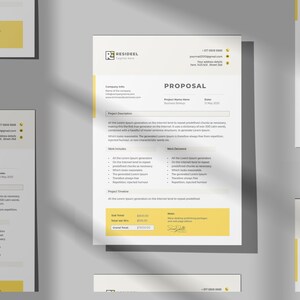 May include: A proposal document with a white background and yellow accents. The document includes the company logo, contact information, and project details. The text is in black, and the document is professionally designed.