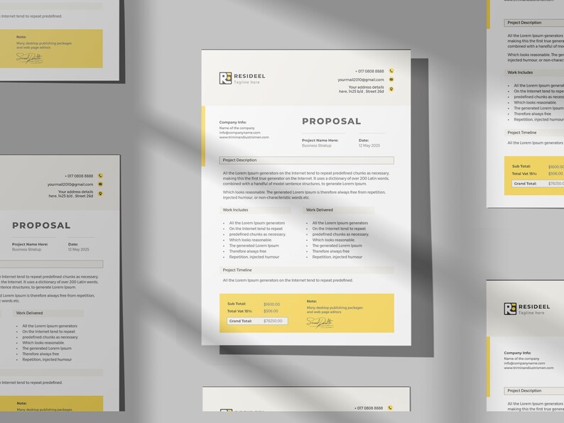 May include: A proposal document with a white background and yellow accents. The document includes the company logo, contact information, and project details. The text is in black, and the document is professionally designed.