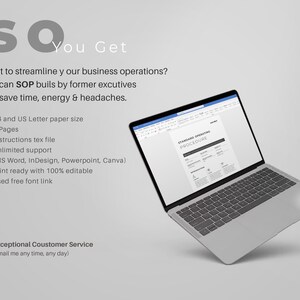 May include: A laptop computer displaying a document titled "Standard Operating Procedure". The document is a template for creating standard operating procedures for a business. The text on the screen reads "Standard Operating Procedure". The laptop is on a grey background. The text on the screen is in black and white. The laptop is silver and has a black keyboard.