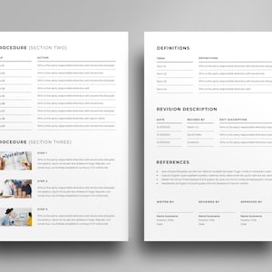 May include: A black and white document with the title "Procedure (Section Two)" and "Procedure (Section Three)" with steps and actions listed. The document also includes a section for definitions, revision description, references, and a section for written by, reviewed by, and approved by.