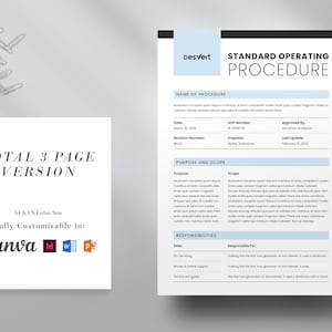 May include: A standard operating procedure template with a blue and white color scheme. The document includes sections for the name of the procedure, date, SOP number, preparer, approved by, last update, purpose and scope, and responsibilities.