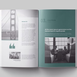 Op de afbeelding: Een open boek met een groene achtergrond en een zwart-witfoto van de Golden Gate Bridge op de linkerpagina. De rechterpagina heeft een zwart-witfoto van twee mensen die in een modern kantoor zitten. De tekst op de rechterpagina luidt "03. Case Study Treee Alle Lorem Ipsum-generators op internet hebben de neiging om prede te herhalen".