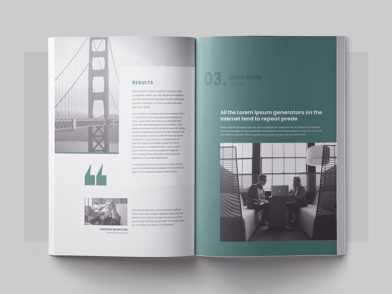 Op de afbeelding: Een open boek met een groene achtergrond en een zwart-witfoto van de Golden Gate Bridge op de linkerpagina. De rechterpagina heeft een zwart-witfoto van twee mensen die in een modern kantoor zitten. De tekst op de rechterpagina luidt "03. Case Study Treee Alle Lorem Ipsum-generators op internet hebben de neiging om prede te herhalen".