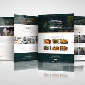 K&ouml;nnte beinhalten: Website-Mockup f&uuml;r ein Restaurant mit einem gr&uuml;n-wei&szlig;en Farbschema. Die Website zeigt Bilder von Essen, einen Blog und einen Bereich, um einen Tisch zu reservieren. Der Text auf der Website lautet "Das Vergn&uuml;gen der Vielfalt auf Ihrem Teller" und "Unsere beliebtesten Gerichte, perfekt zubereitet."