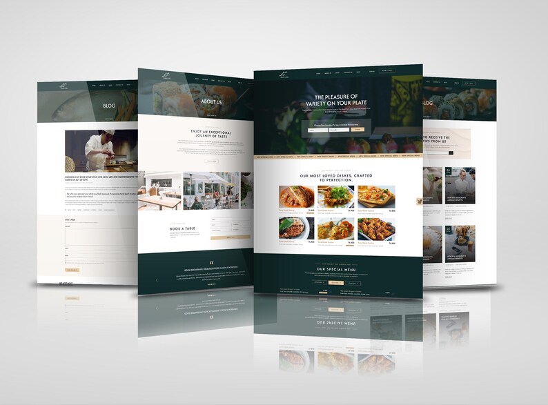 K&ouml;nnte beinhalten: Website-Mockup f&uuml;r ein Restaurant mit einem gr&uuml;n-wei&szlig;en Farbschema. Die Website zeigt Bilder von Essen, einen Blog und einen Bereich, um einen Tisch zu reservieren. Der Text auf der Website lautet "Das Vergn&uuml;gen der Vielfalt auf Ihrem Teller" und "Unsere beliebtesten Gerichte, perfekt zubereitet."