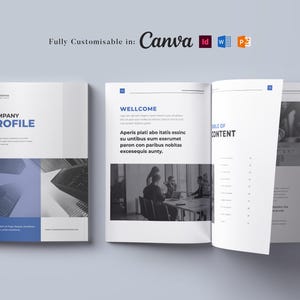 May include: A company profile brochure with a blue and white color scheme. The cover features a photo of a city skyline. The inside pages include a welcome message and a table of contents.