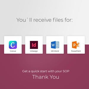 Puede incluir: Imagen con el texto "Recibir&aacute;s archivos para: Canva, InDesign, MS Word, PowerPoint." Debajo de los iconos, el texto dice "Empieza r&aacute;pido con tu SOP Gracias."