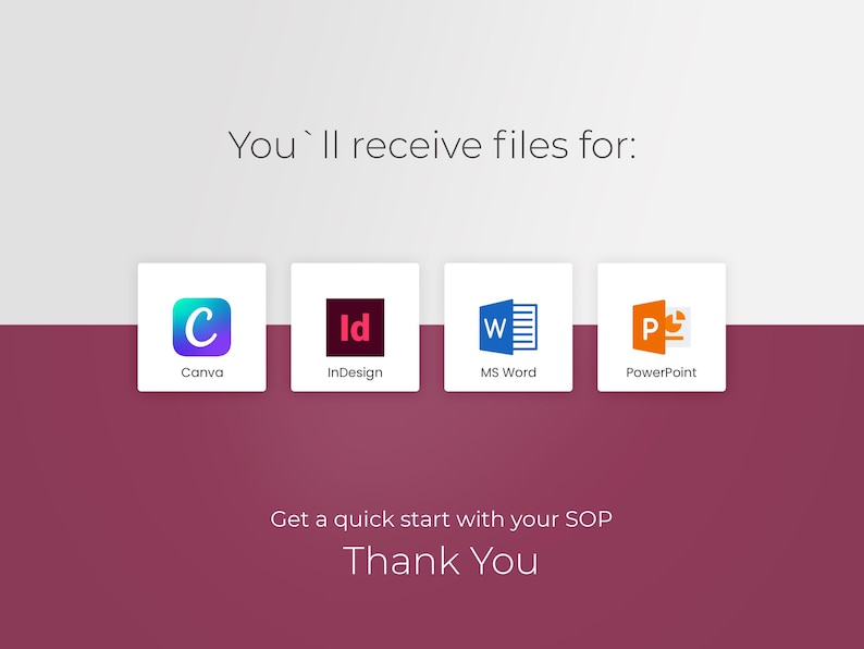 Puede incluir: Imagen con el texto "Recibir&aacute;s archivos para: Canva, InDesign, MS Word, PowerPoint." Debajo de los iconos, el texto dice "Empieza r&aacute;pido con tu SOP Gracias."