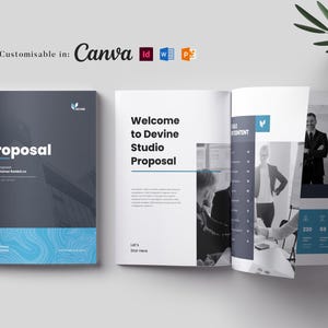 May include: A proposal template with a dark gray cover and blue accents. The open pages display the text "Welcome to Devine Studio Proposal" and include images of people in business settings. The template is fully customizable in Canva.