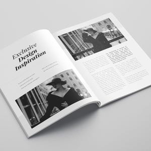 May include: A magazine spread with the text "Exclusive Design Inspiration" and black and white photos of a woman wearing a hat and coat. The text on the right page describes the design inspiration.