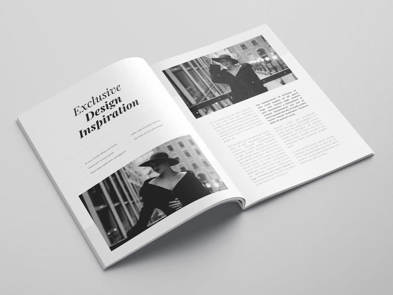 May include: A magazine spread with the text "Exclusive Design Inspiration" and black and white photos of a woman wearing a hat and coat. The text on the right page describes the design inspiration.