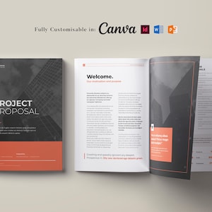 Könnte beinhalten: Eine schwarz-weiße Projekt-Vorschlagsvorlage mit einem roten Pluszeichen und den Worten "Projekt-Vorschlag" in einem weißen Feld. Die Vorlage ist vollständig anpassbar in Canva, InDesign, Word und Publisher.