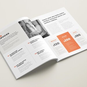 May include: Open brochure with a black and white photo of a person on the left page. The right page has a pricing table with three options: Bronze, Silver, and Gold. The prices are $120, $250, and $195 respectively. The text on the left page reads "Our Services" and lists four services: Olentium Quuntur Arum, Acero Idipis Inimusam, Tis Dolupta Tiorrum, and Edi Asped Quatur.