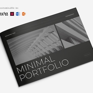 May include: A black and white minimal portfolio template with the words "MINIMAL PORTFOLIO" in white. The template is fully customizable in Canva, and other design software. The image features a grayscale architectural photograph.