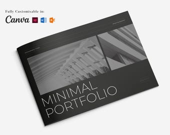 Puede incluir: Una plantilla de portafolio minimalista en blanco y negro con las palabras "MINIMAL PORTFOLIO" en blanco. La plantilla es totalmente personalizable en Canva y otros programas de diseño. La imagen presenta una fotografía arquitectónica en escala de grises.