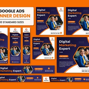 May include: A collection of ten Google Ads banner designs in various standard sizes, featuring a dark blue and orange color scheme, the text Digital Marketing Expert, Maxdino branding, and images of a professional in a blue blazer.