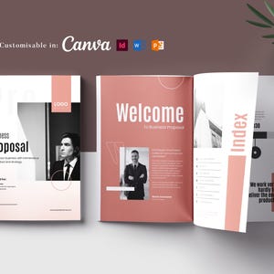 May include: A business proposal template in a soft pink and white color scheme. The cover features a photo of a man in a suit and the words "Business Proposal". The open pages say "Welcome" and "Index".