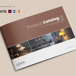 May include: A product catalog with a brown and white cover. The title "Product Catalog" is displayed in white text. The catalog features images of interior design elements, including lighting fixtures and furniture. The catalog is fully customizable in Canva.