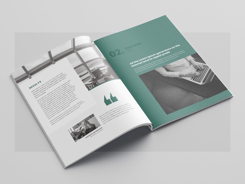 Op de afbeelding: Een magazine spread met een groene achtergrond en tekst die "02. Case Study" en "Alle Lorem Ipsum-generators op internet neigen ertoe om voorafgaande tekst te herhalen" luidt.