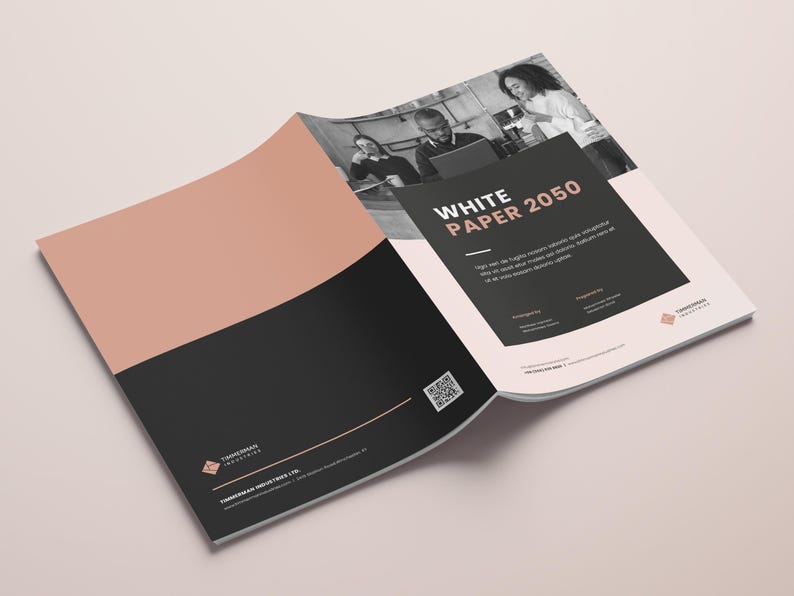 May include: A white paper with the title "White Paper 2050" and a black and white photo of three people in a cafe. The paper is folded in half and the back cover has a black and white logo with the text "Tomorrow Industries Ltd."