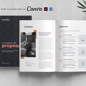 May include: A black and white image of a business proposal template with the words "creative proposal" in large, bold, white text. The proposal is open to a page with the heading "Company" and a photo of a person sitting on a couch, and a page with the heading "Services" and a list of services with icons.