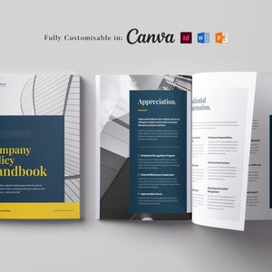 Puede incluir: Un Manual de Política de Empresa con una cubierta azul marino y amarilla se muestra abierto, revelando páginas interiores. El texto "Fully Customisable in: Canva" está en la parte superior. El diseño del manual incluye un diseño moderno con texto y gráficos.